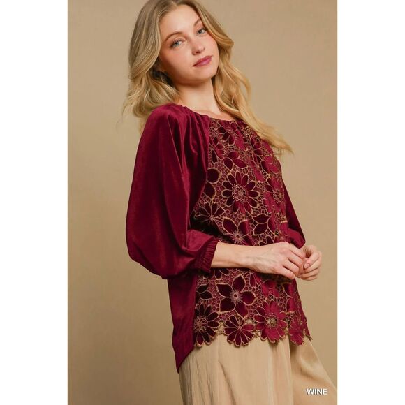UMGEE Floral Lace Velvet Top Sz 1X Red Wine Blouse Smocked Raglan Sleeves NWT - Picture 2 of 12